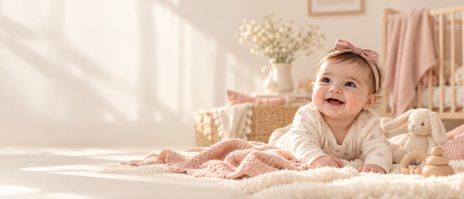 A happy baby in a softly colored nursery